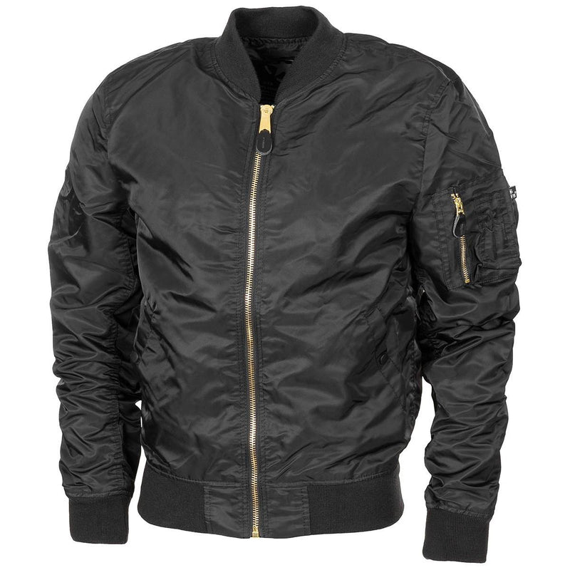 Black U.S. Air Force MA1 bomber jacket with gold zipper, ribbed cuffs, waistband, and multiple pockets for a windproof fit.