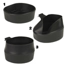 Black collapsible camping cup shown in three stages of expansion for portable outdoor use