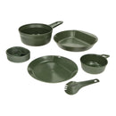 Olive green Wildo EXPLORER KIT camping tableware set with plates, bowls, cup, and spork, BPA-free lightweight utensils.