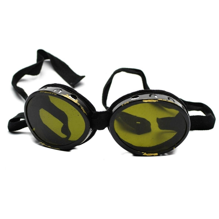 WWII genuine Swiss army mountain round helmet goggles with yellow tinted protective glass and adjustable black strap